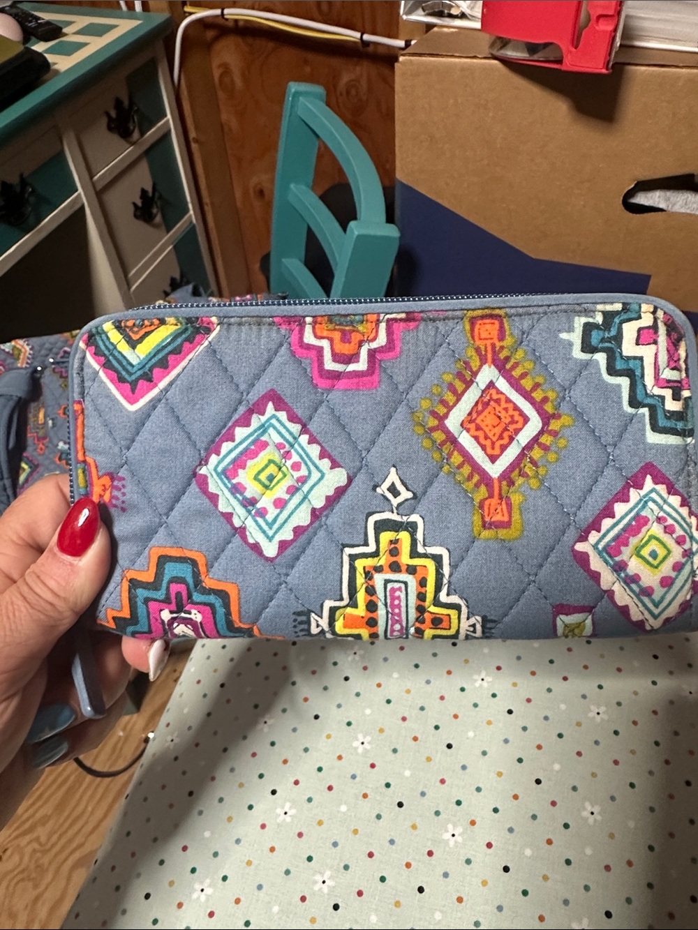 Vera Bradley Light Blue Quilted Wristlet with Multicolor Tribal Print